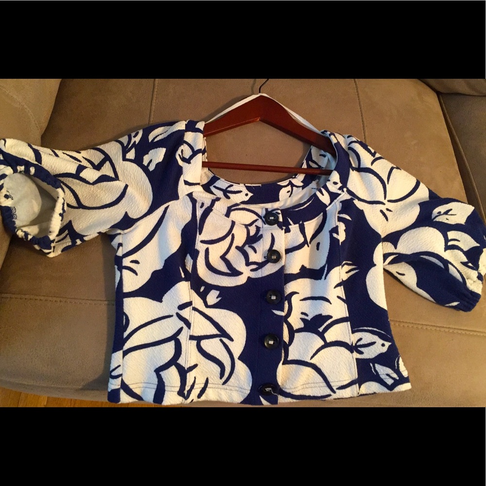 blue and white anthropologie top